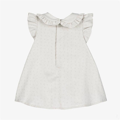 Grey dress for girls with ruffled collar and flutter sleeves, featuring a subtle logo design.