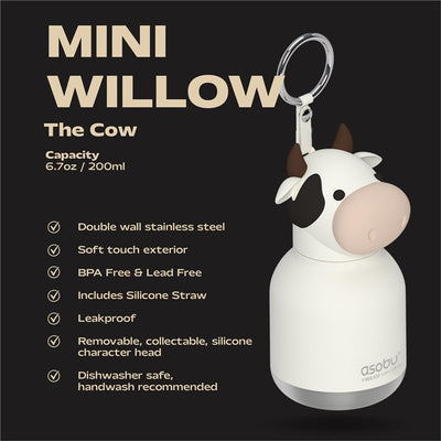 Asobu Bestie Bottle in cow design, featuring a double wall stainless steel body, 200ml capacity, and detachable silicone head.