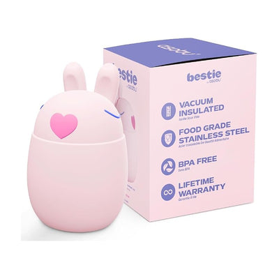 Vacuum insulated pink bunny food jar, made of food-grade stainless steel, with heart-shaped detail and packaging displaying product features.