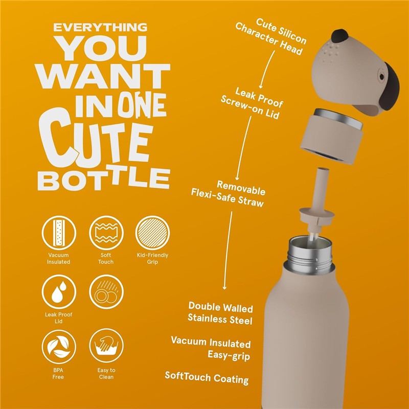 Asobu - Stainless Steel Bottle Silicone Head Beige Dog Image 3