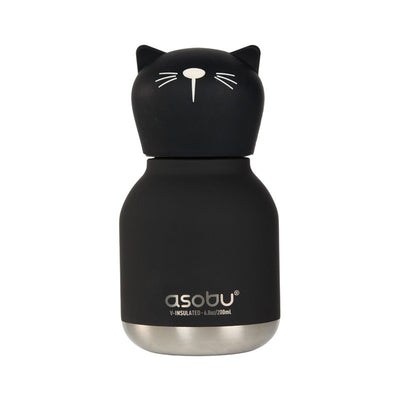 Stainless steel bottle shaped like a cat, with a silicone head and playful design; holds 200ml.
