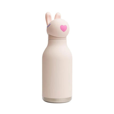 Stainless steel bottle with a silicone bunny head cap featuring a pink heart detail, ideal for hydration.