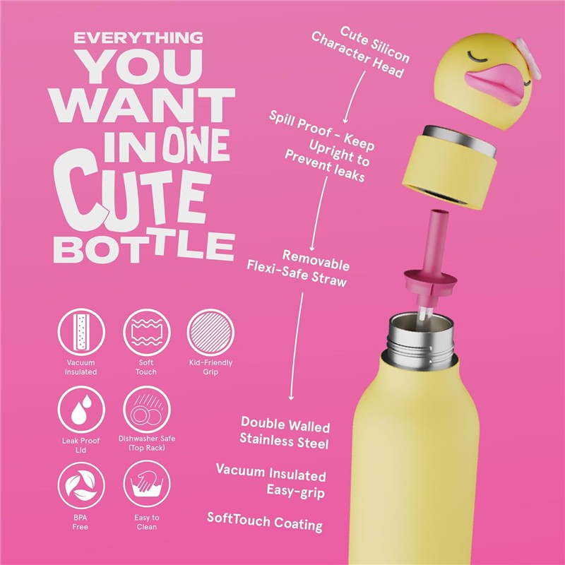 Asobu Stainless Steel Water Bottle with Silicone Ducky Head Image 3