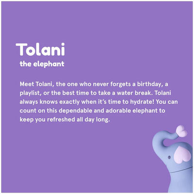 Stainless steel water bottle with a silicone-top elephant design, named Tolani, emphasizing hydration and cuteness.