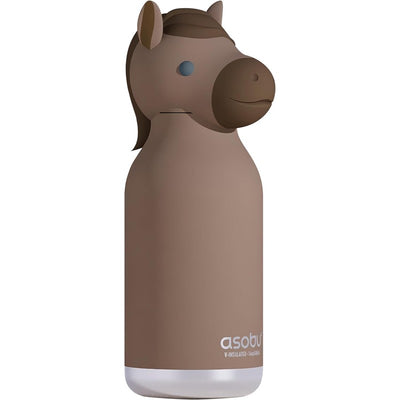 Stainless steel bottle with a silicone horse head design, featuring a brown exterior and a white bottom.