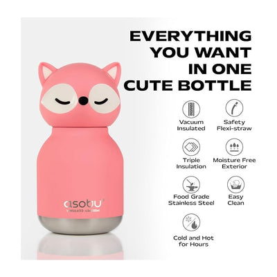Stainless steel water bottle in the shape of a pink fox, featuring vacuum insulation and a flexi-straw.