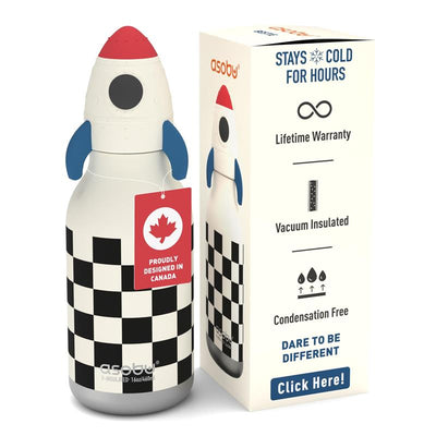 Stainless steel Asobu bottle with rocket lid, checkered design, hang tag, and box detailing vacuum insulation and warranty.