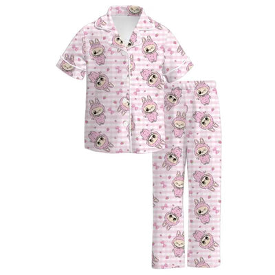 Auraquise - Labubu Print Fall Pajama Set Soft & Cozy Short Sleeve & Long Pants, Pink Image 1