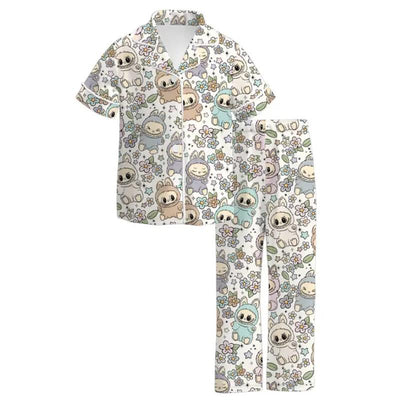 Auraquise - Labubu Print Fall Pajama Set Soft & Cozy Short Sleeve + Long Pants, White Image 1