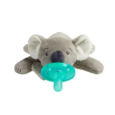 Avent Soothie Snuggle Pacifier featuring a soft plush koala with a teal pacifier attached, designed for infants.