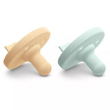 Light yellow and pastel cyan Avent Soothie pacifiers in a 2-pack, designed for soothing infants.