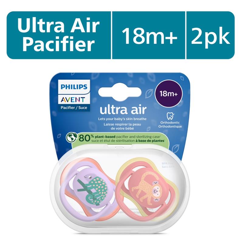 Avent 2Pk Ultra Air Pacifier 18M+, Chameleon/Monkey Image 2