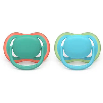 Avent 2Pk Ultra Air pacifiers in jade and tender aqua for ages 6-18 months, featuring ergonomic design and breathable shield.