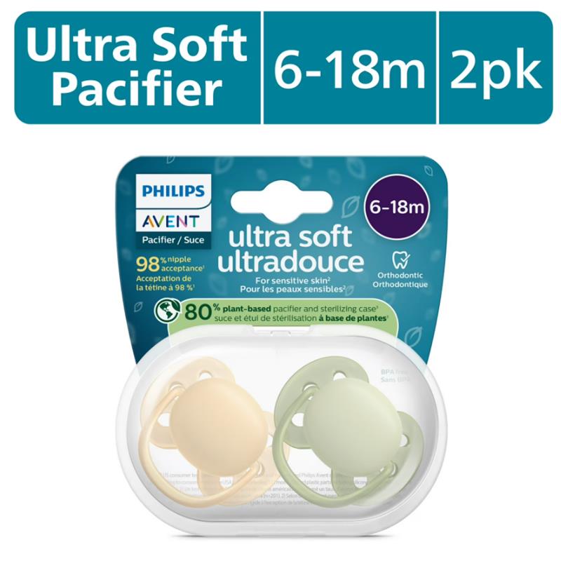 Avent 2Pk Ultra Soft Pacifier 6-18M, Beige/Pastel Warm Green Image 2