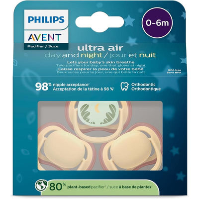 Avent 3Pk Ultra Air Pacifier for 0-6 months, featuring light yellow and tropical night designs, with BPA-free packaging.