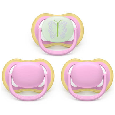 Avent 3Pk Ultra Air Pacifier 6-18M, Quiet Pink/Butterfly, Day+Night Image 1