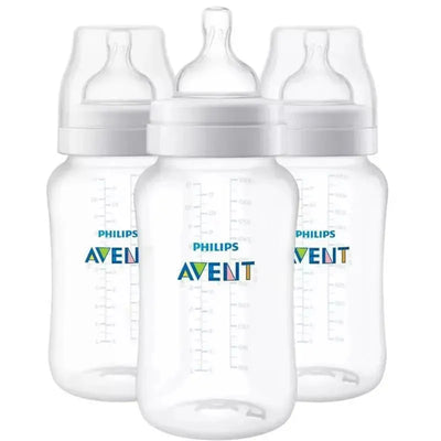 Three clear Avent anti-colic baby bottles, 11 oz, featuring measurement markings and nipples on the tops.