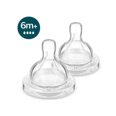 Two Avent fast flow nipples designed for anti-colic baby bottles, suitable for infants 6 months and older.