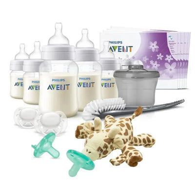 Avent Anti-Colic Baby Bottle with Airfree Vent Essentials Gift Set, featuring multiple bottles, pacifiers, cleaning brush, and a plush giraffe toy.