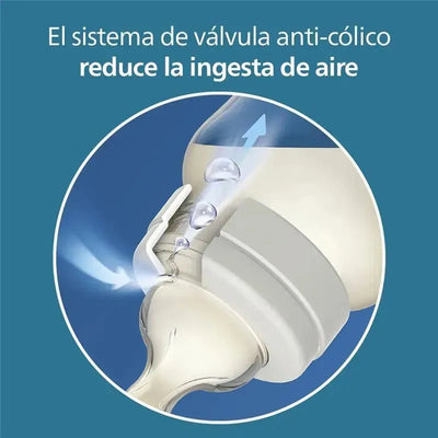 Anti-colic Avent baby bottle shown with air vent system, reducing air intake for better feeding. Text highlights vent benefits.