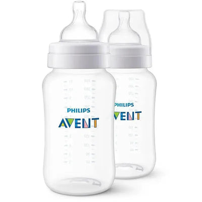 Two clear Philips Avent anti-colic baby bottles, 11 oz, featuring a wide neck and measurement markings.