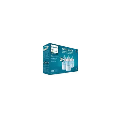 Three blue 9 oz Avent anti-colic baby bottles with Airfree vent, packaged in a box highlighting their features.