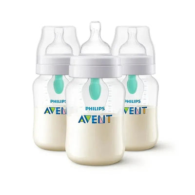Three clear Philips Avent 9oz anti-colic baby bottles with Airfree vent, featuring colorful brand logo and nipple designs.