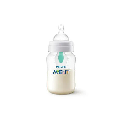 Clear Avent 9 oz anti-colic baby bottle featuring an AirFree vent, filled with milk and labeled with the Philips logo.