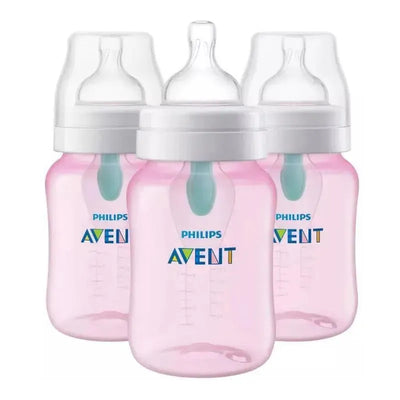 Three 9-ounce pink Avent anti-colic baby bottles with Airfree vent, featuring clear measurement markings and soft nipples.