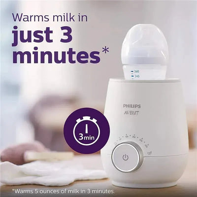 Avent Fast Baby Bottle Warmer in white, designed to warm milk in just 3 minutes, featuring a bottle on top and a timer graphic.