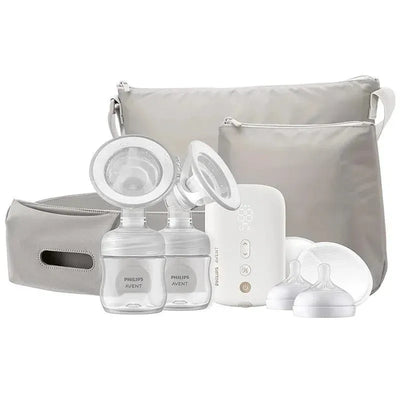 Electric double breast pump from Philips Avent in white, includes two bottles, cups, and a travel bag.