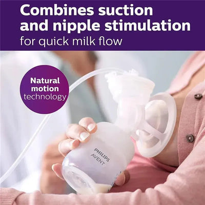 Electric double breast pump by Avent in white, featuring a collection container, and text highlighting suction and nipple stimulation for effective milk flow.
