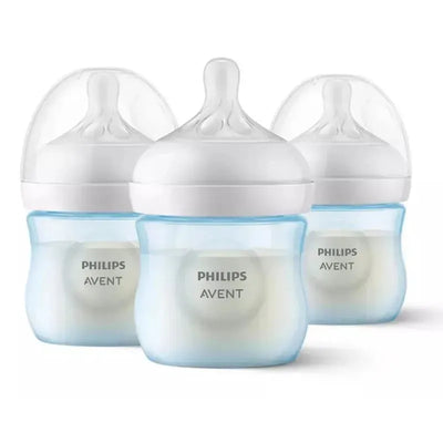 Avent 3-pack natural baby bottles with natural response nipples, featuring a blue base and clear design.