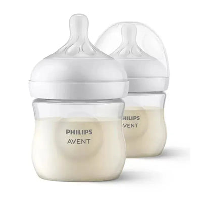 Two clear 4oz Philips Avent baby bottles with natural response nipples, displaying the Avent logo on the side.