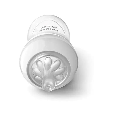Clear 4oz Philips Avent baby bottle with a natural response nipple, featuring a rounded design and floral embossed base.
