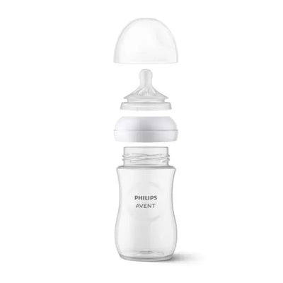 Two-pack of Philips Avent Natural Response nipples, clear with a flow rate of 2, disassembled.