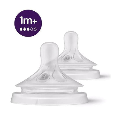 Natural Response nipples for bottle feeding, pack of two, medium flow, suitable for babies 1 month and older.