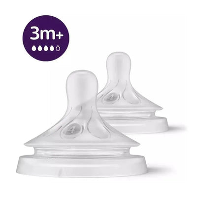 Avent 2-pack Natural Response Nipples, Flow 4, suitable for babies 3 months and older, with clear design details.