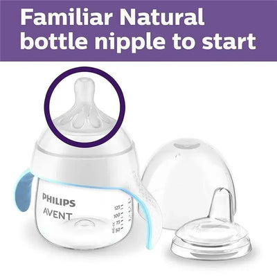 Avent Natural Trainer sippy cup features a clear body, fast flow nipple, and soft spout with blue handles.