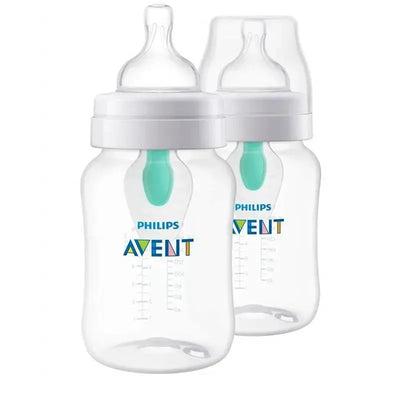 Philips Avent 2-pack anti-colic baby bottles, 9 oz, featuring a clear design, white lids, and teal Airfree vent.