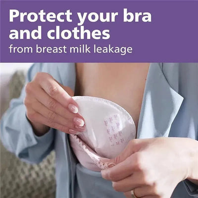 Disposable breast pad being placed in a bra, with text highlighting protection from breast milk leakage.