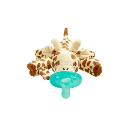 Soft plush giraffe toy with a blue pacifier attached, designed for soothing infants, labeled Avent - Soothie Snuggle, 0M+.