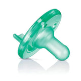 Green Avent Soothie pacifier for newborns, featuring a rounded tip and a soft, silicone design.