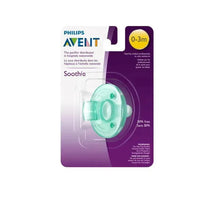 Avent Soothie pacifier for infants 0-3 months in green packaging, labeled BPA free, featuring a circular design.