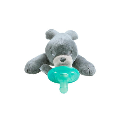 Plush seal toy with a green pacifier attached, designed for infants 0M+, promoting soothing for babies.