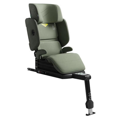 High back booster car seat in Nordic Bloom Green, featuring adjustable headrest and armrests for child safety and comfort.