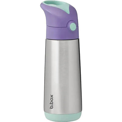 16.9oz B.box insulated drink bottle in lilac and mint with a stainless steel body and a flip-top lid.