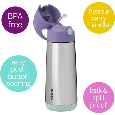 Lilac B.box insulated drink bottle with push button opening, flexible carry handle, and BPA-free features.