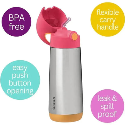 B. box 16.9Oz Strawberry Shake Insulated Drink Bottle with a pink lid, flexible carry handle, and features for easy opening and spill-proof design.