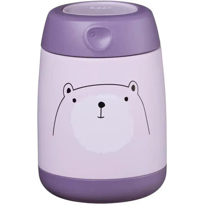 Insulated food jar featuring a cute bear design, primarily in pastel purple with a matching lid.